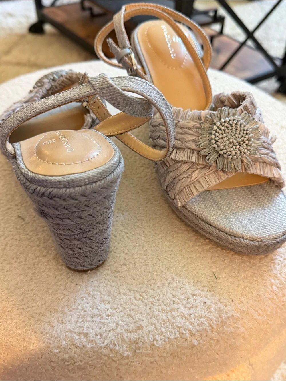 Bandolino Neutral Raffia Flower Strap Sandals